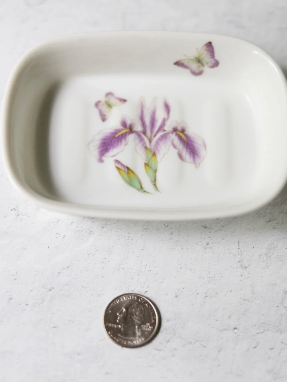 Vintage Takahashi Medley Japanese purple iris butterfly ceramic soap dish